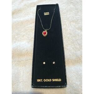 NIB old stock 18 k gold shield necklace stud pierced earrings Executive red